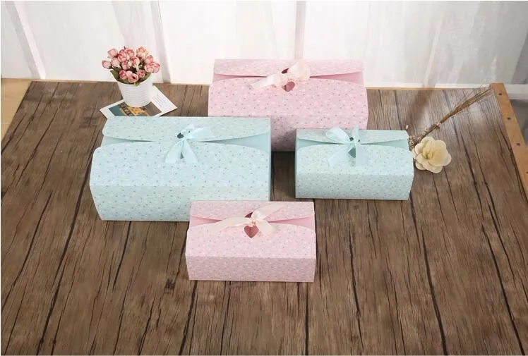 

2 Size Blue and Pink Flower Paper Box With Ribbon Cardboard Packaging Gift Paper Box Wedding Party Christmas Gift Box 50pcs/lot