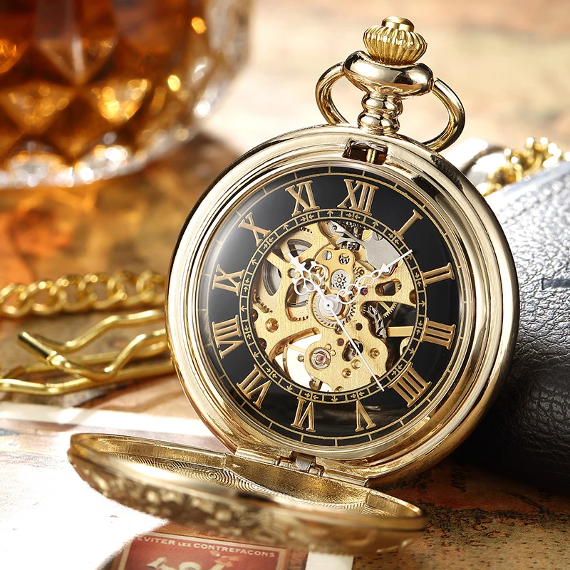 

Luxury Retro Golden Hollow Skeleton Mechanical Pocket Watch Mens Fob Chain Steel Exquisite Sculpture Women Men Pocket Wath Gifs