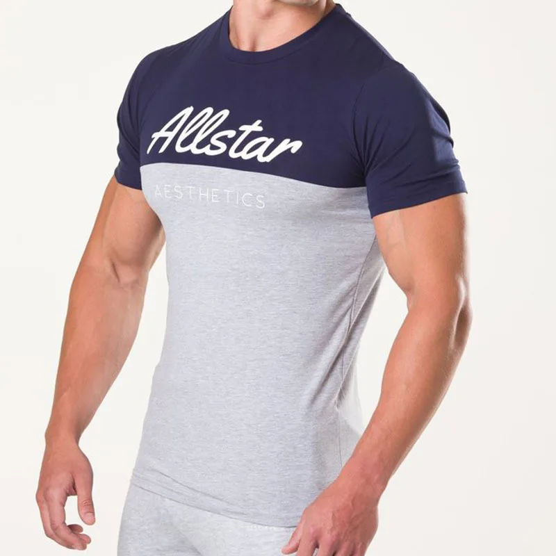 Navy gray Высококачественная Модная хлопковая Мужская футболка с круглым вырезом, мужская повседневная футболка с коротким рукавом, спортивная одежда для фитнеса и бега - Цвет: Navy gray