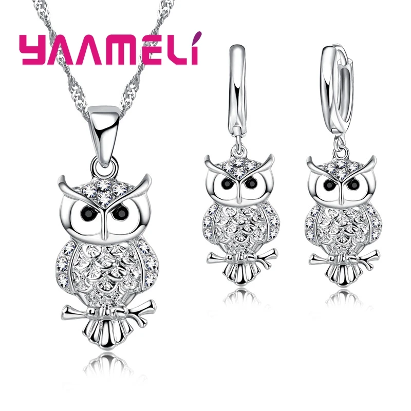 

Shining Full African AAA Crystal Owl Pendant Necklace Earrings Sets Women Best Gifts 925 Sterling Silver Party Accessory