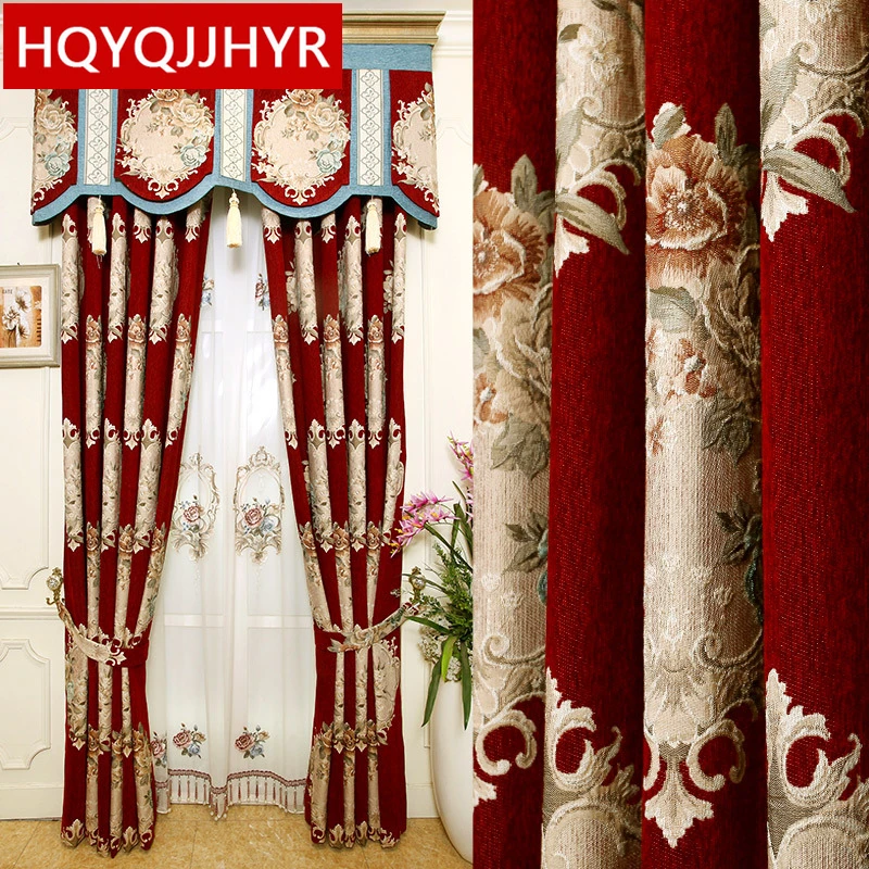 

Big red European and American style top luxury jacquard embossed blackout curtains for living room window curtain Bedroom