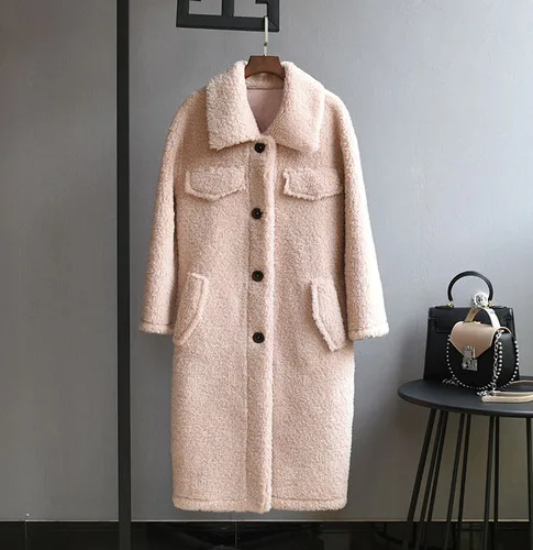 Розовый OFTBUY зимняя женская куртка из натурального меха, пальто для стрижки овец, женское длинное пальто из овечьей шерсти, шерстяная верхняя одежда, уличная одежда - Цвет: Розовый