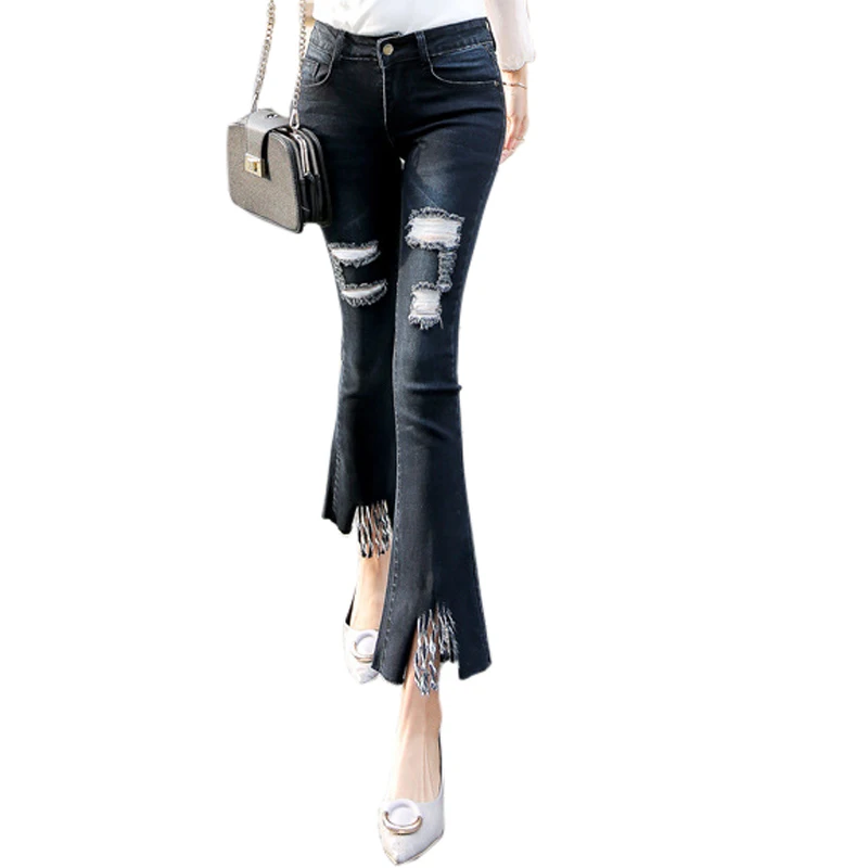 2017 женские джинсовые расклешенные брюки с кисточками на подоле рваные винтажные