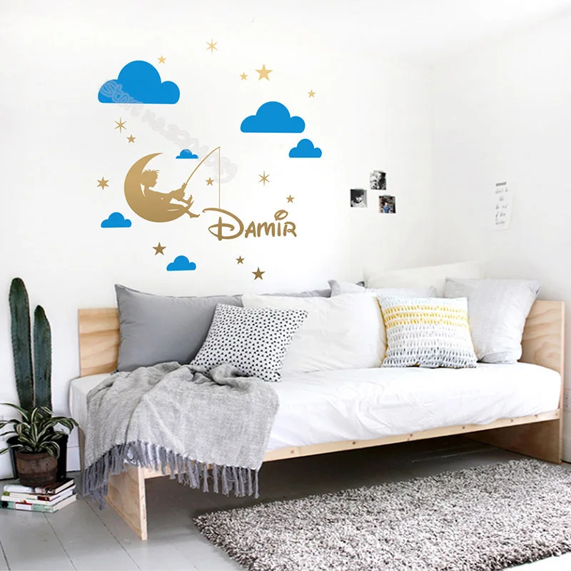 Boy sitting on the moon with hooks stars wall decal Custom Name Home Decor Stickers Kids room Nursery Wallpaper mural EB630 | Дом и сад