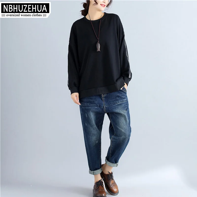 Nbhuzehua t807 4XL 5XL 6XL более Размеры Для женщин футболка с длинным рукавом Осень топы
