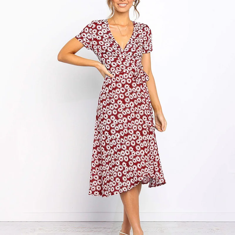 2019 женское праздничное платье пляжное с v образным вырезом коротким рукавом Boho