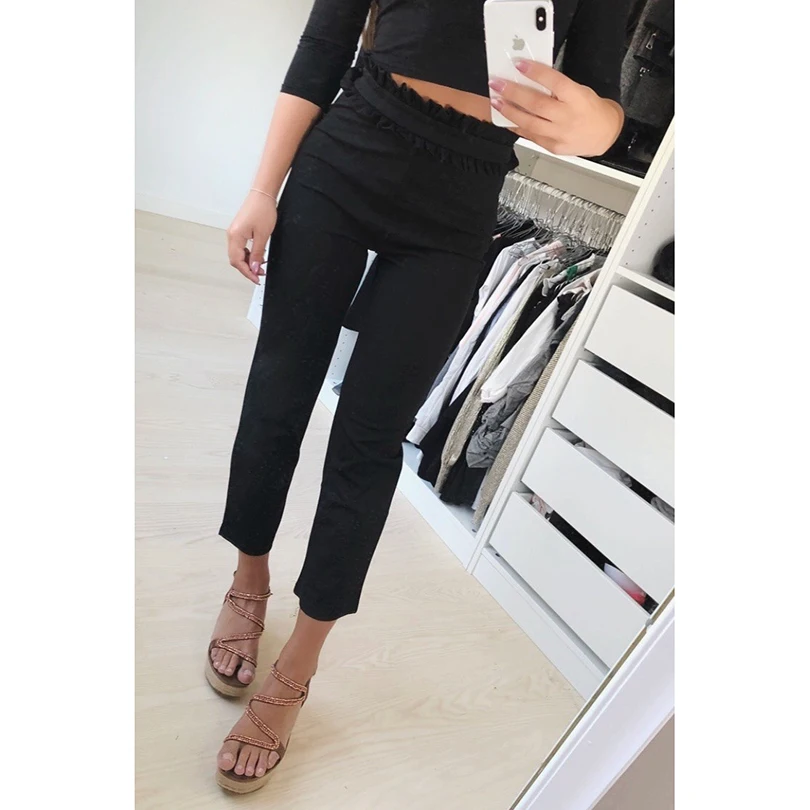 

2018 New Black&White&Gray Suede Women Pants Waist Pleated Patchwork Trousers