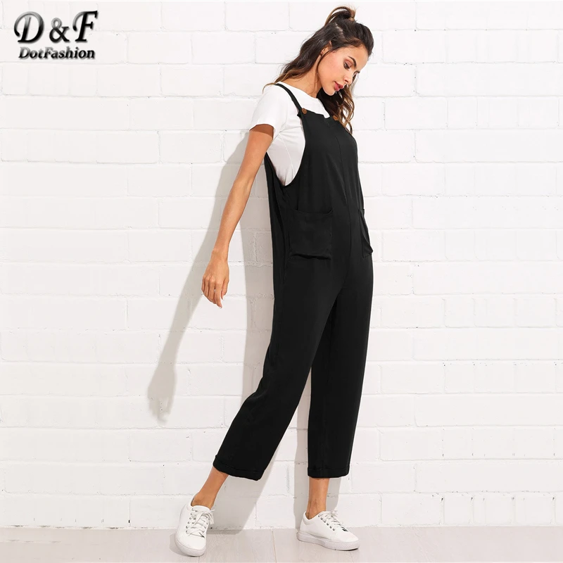 Dotfashion/женские комбинезоны черного цвета с карманом спереди и закатанным подолом; коллекция года; повседневные летние туфли с ремешками; прямые брюки