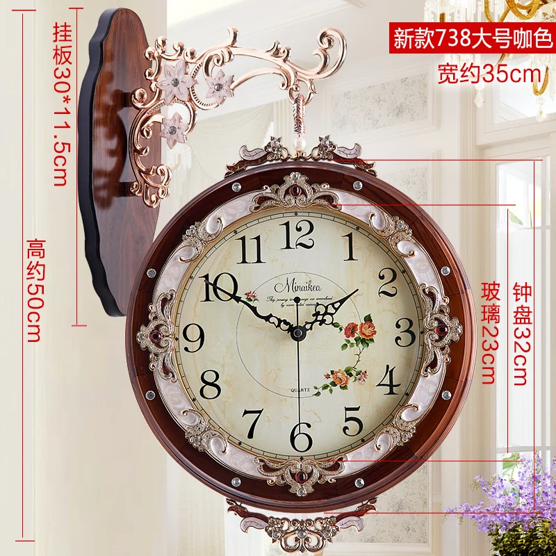 B-38.5X50cm European antique double-sided living room wall clock large mute fashion garden simple creative modern quartz - Цвет: B-38.5X50cm
