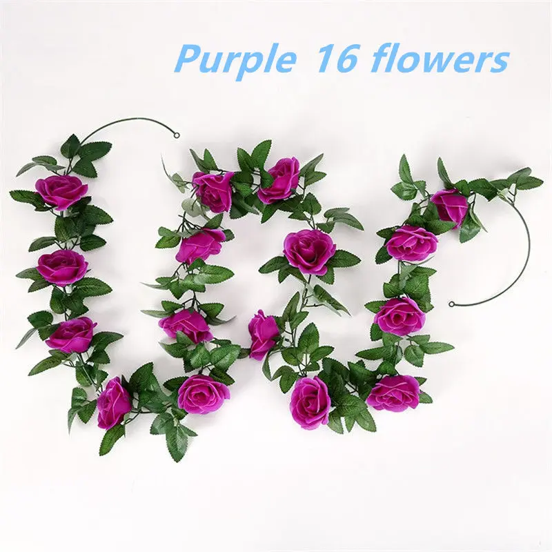 Purple-16 flower 1pcs/lot 230-250cm Artificial Flowers Silk Roses Ivy Vine diy with Green Leaves Fake leaf artificial flowers for home decoration - Цвет: Purple-16 flower