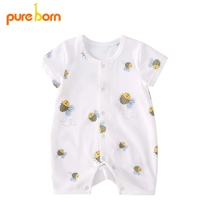Pureborn Летняя Одежда для девочек; детские комбинезоны; Костюмы новорожденных и мультипликационным принтом «Изделие из хлопка с короткими рукавами для мальчиков, комбинезон, костюм