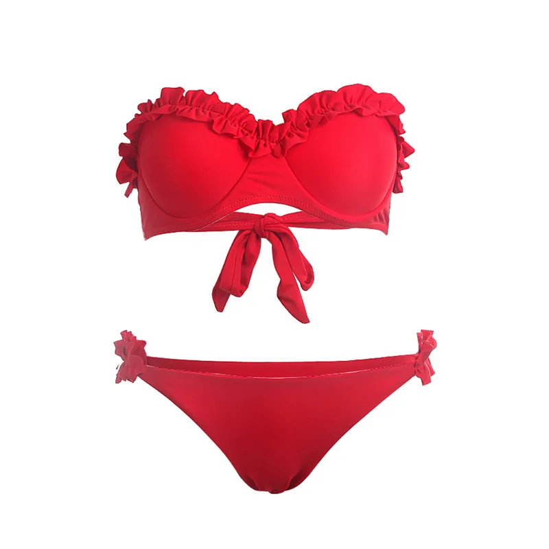 Модный женский купальник без бретелек из двух частей мягкий пуш ап пляжная