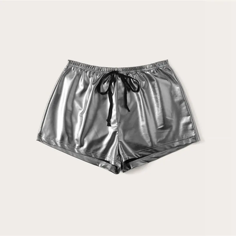 SHEIN однотонные шорты из искусственной кожи с завязками на талии, женская одежда, женские Гламурные Серебристые летние шорты с эластичной талией