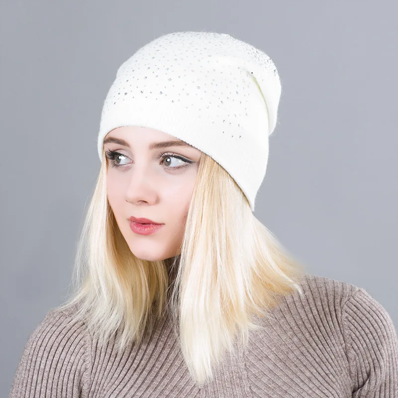 Зимняя женская блестящая шапка с бриллиантом Вязаная Шерстяная Beanie Женская