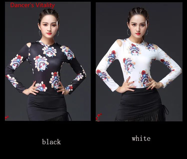 Women Long Sleeve Milk Silk Latin Dance Blouse Top Practice Sexy printing Round Neck White Black Free Shipping | Тематическая