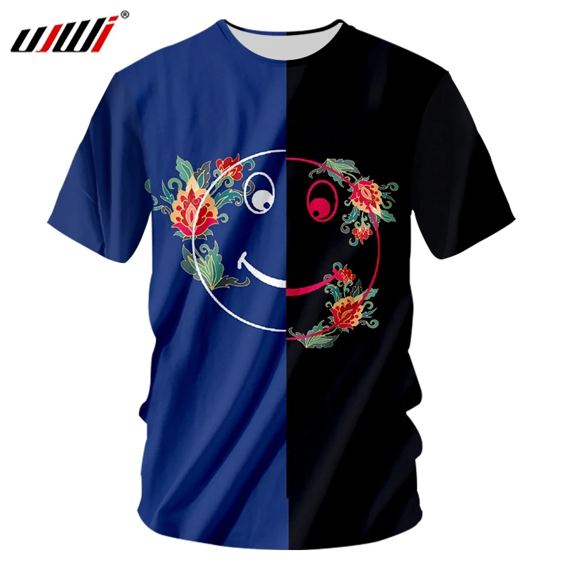

UJWI Новая мужская 3D забавная футболка с круглым вырезом, цветной цветочный рисунок, бодибилдинг, человек, смайлик, Harajuku, синяя футболка