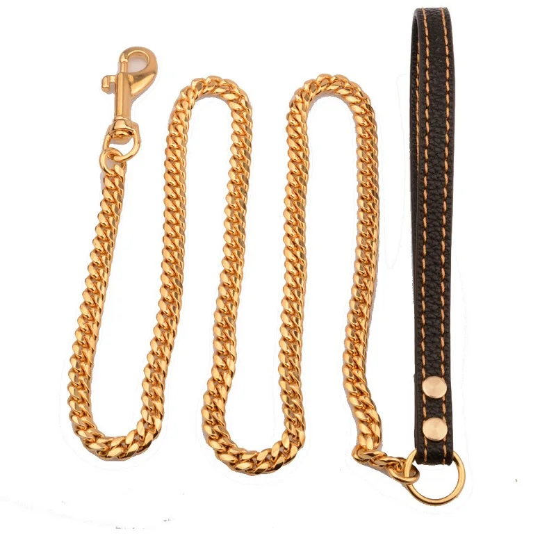 Прочный и прочный поводок для собак из нержавеющей стали кожаный золотистый