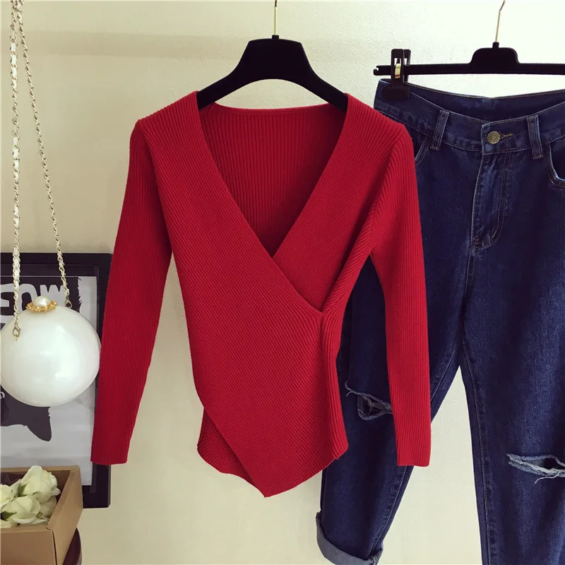 

Fall new knitted sweater bottoming sweater long sleeve pure color sweater cross collar top shirt