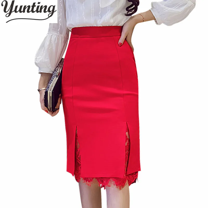 Женская юбка карандаш с высокой талией черная или красная кружевная Облегающая