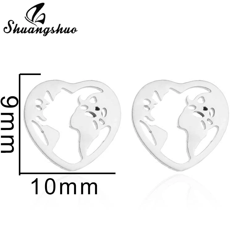 Shuangshuo Stainless Steel Heart World Map Earrings Fashion Cute Mini Earing for Women Ear Piercing Girls Tiny oorbellen | Украшения и