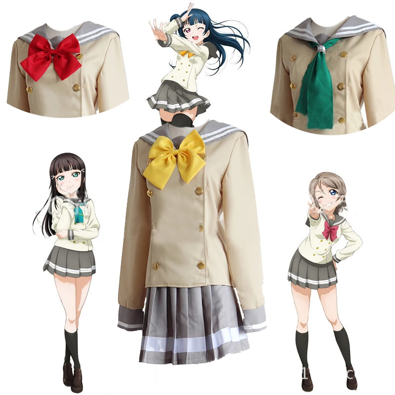 

Cosplaydiy Anime Love Live Sunshine Cosplay Cotume Aqours Takami Chika Cute Sailor Suit Summer School Uniform Gilr Dress 3 ties
