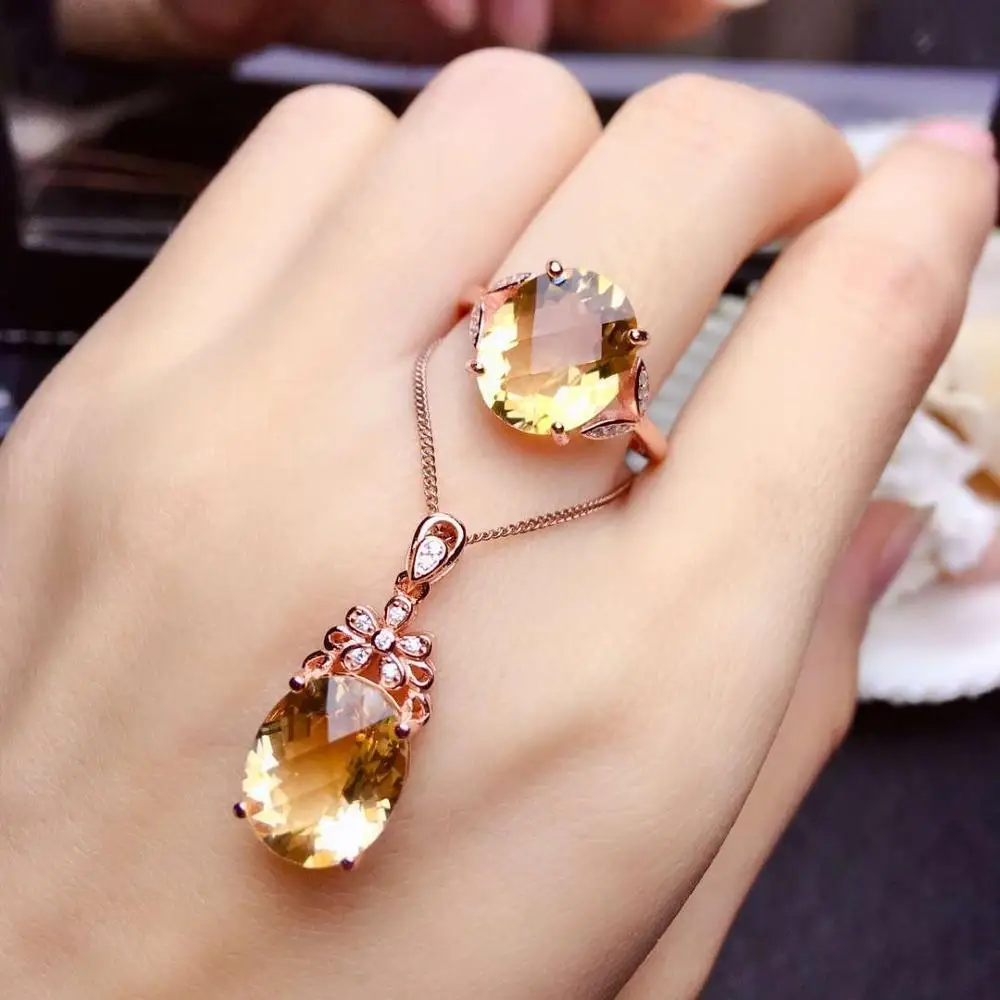 Rose gold set MeiBaPJ натуральный цитрин драгоценный камень цветок ювелирные изделия набор 925 чистого серебра ожерелье и кольцо 2 шт костюм для женщин - Цвет камня: Rose gold set