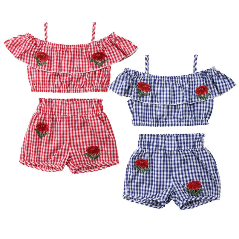 Детские топы с открытыми плечами и розой для маленьких девочек клетчатые шорты