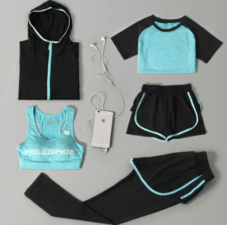 5 piece set 5 Женская Спортивная одежда для улицы, комплект из 5 предметов, футболка с длинным рукавом+ сексуальный бюстгальтер+ шорты+ штаны+ пальто, быстросохнущая одежда для йоги, женская одежда для фитнеса, спортзала - Цвет: 5 piece set 5