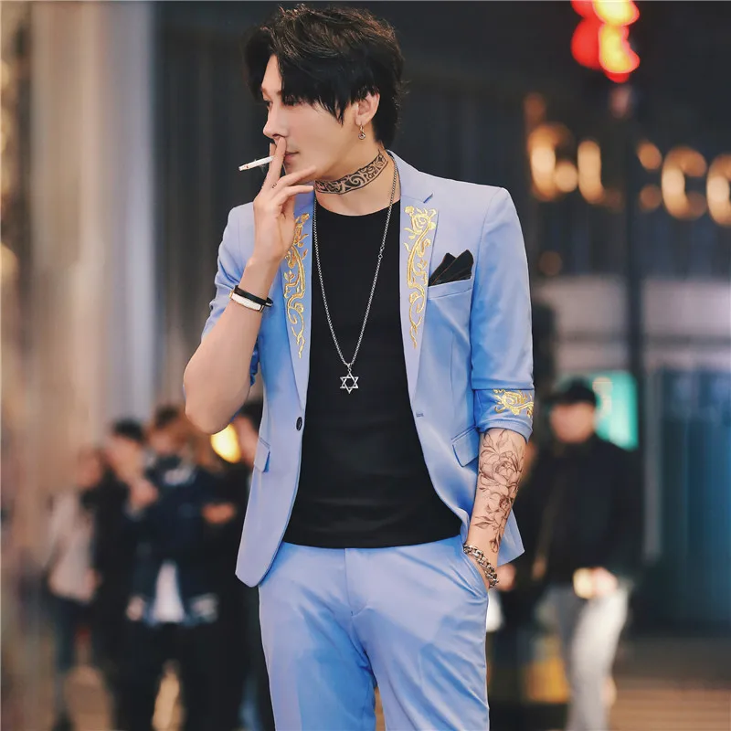 sky blue Роскошные свадебные костюмы с вышивкой, мужской костюм, Homme, короткий рукав, комплект из 2 предметов, приталенный, Повседневный, смокинг, Terno Smoking Homme Mariage - Цвет: sky blue