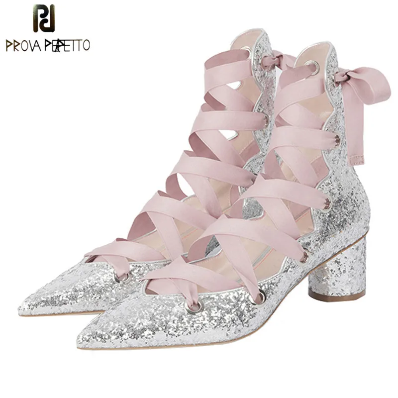 Prova Perfetto Bling спереди на шнуровке полый высокий носок женские туфли-лодочки кружева шелк устойчивый каблук острый носок женские балетки