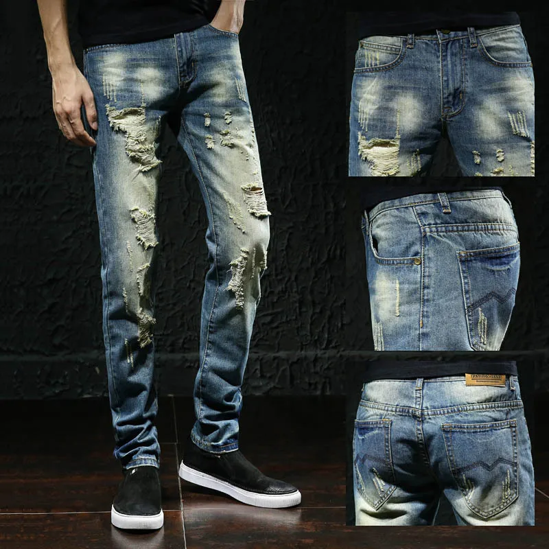 

Skinny Jeans Men Summer Vintage Ripped Destroyed Hole Stretch Slim Fit Hop Hop Pants Men Casual Straight Jean