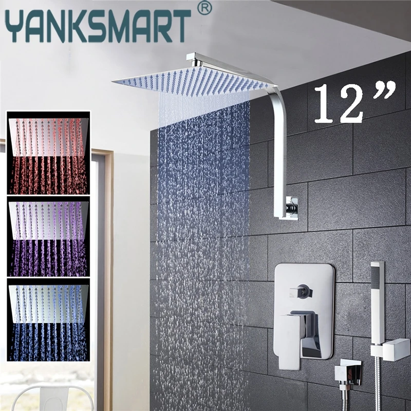 

YANKSMART Shower Set 3 Colors LED Luxury Square Rain 12" Shower Head WALL MOUNTED shower-set