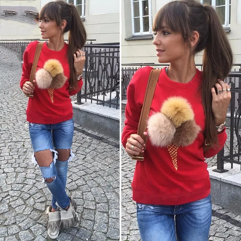 2018 осенние толстовки и свитшоты женские красочные Вишневый плюшевый шар с