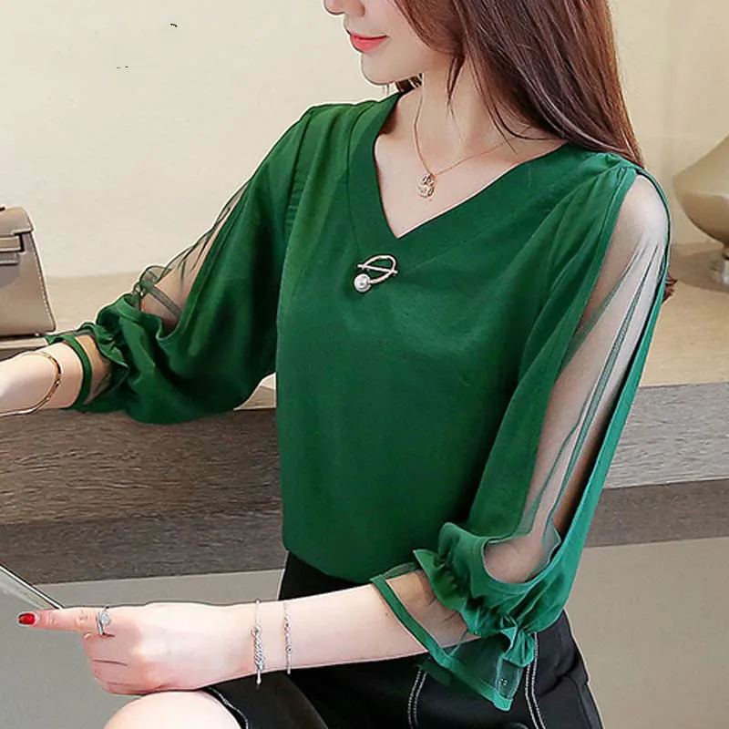 

Tops and blouses 2019 chiffon blouse ladies tops Beading Solid V-Neck fashion clothing red and green shirt