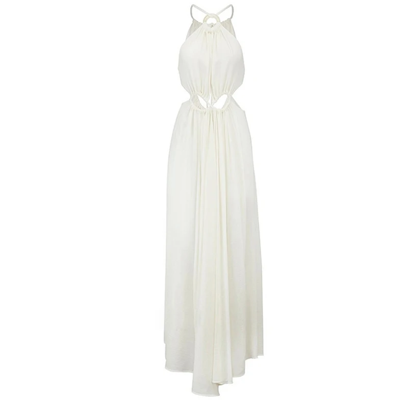 

PERHAPS U White Halter Maxi Dress Women Female Maldives / Bali Vocation Beach Holiday Hollow Out Sexy Lace-up Bow Summer D1369