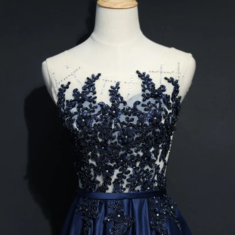 Robe De Soiree 2020 Navy Blue Evening Dresses Sheer Scoop Neck Beaded Pearls Women Formal Gowns Special Occasion Dress | Свадьбы и