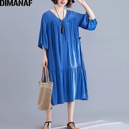 Jing95130CN-lan DIMANAF, женское платье большого размера, летнее, модное, женское, vestidos, сарафан, свободное, плиссированное, ниспадающее, с рюшами, повседневное, женское платье, 5XL - Цвет: Jing95130CN-lan
