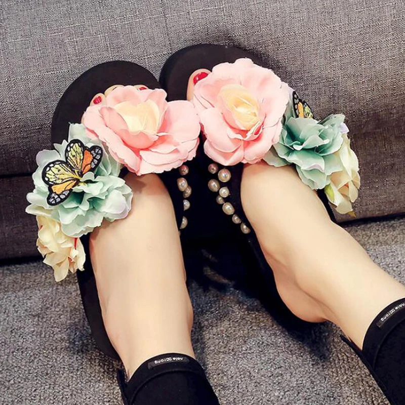 Сандалии женские с цветами ручной работы пляжные шлепанцы Повседневные тапочки