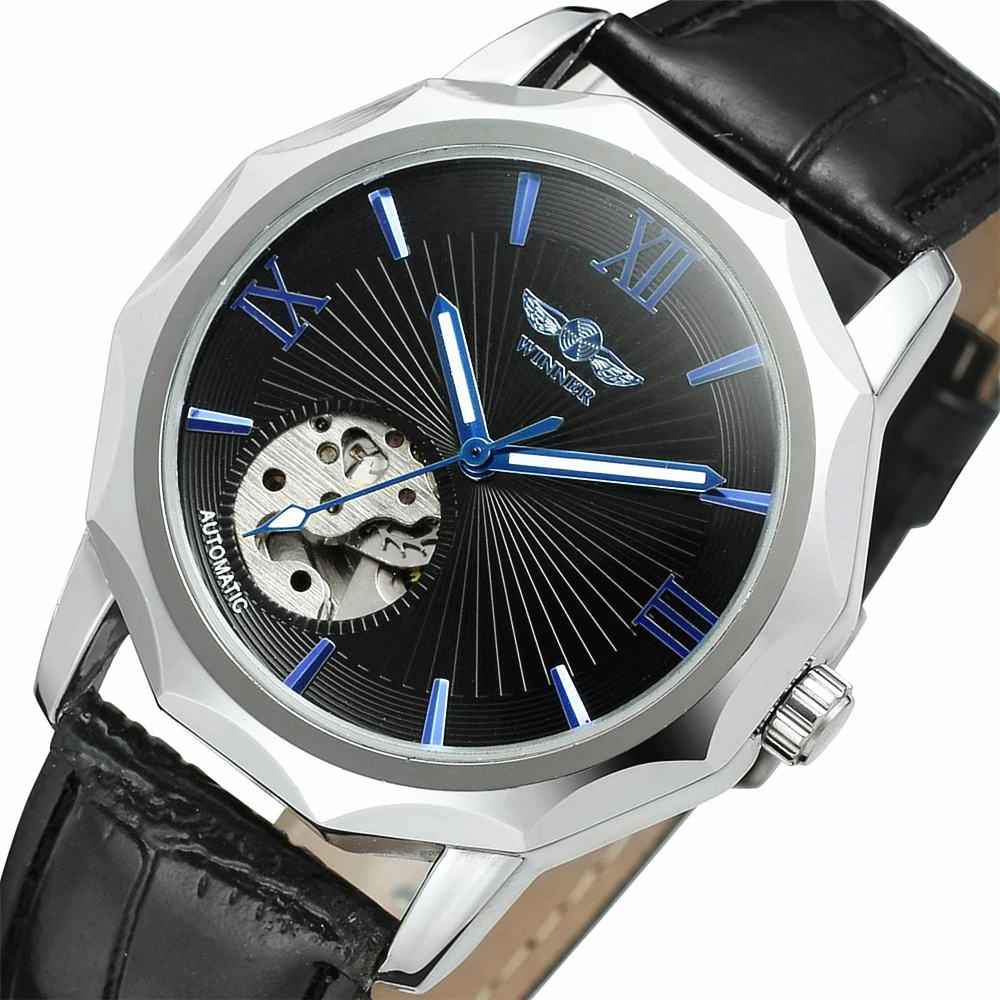 WINNER Blue Exotic Dodecagon дизайнерские мужские часы с скелетонным циферблатом