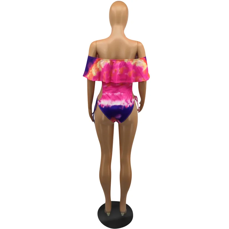 

Sexy Colorful Print Spaghetti Strap Swimsuit European and American Ruffed Slash Neck Women Beach Swimsuit