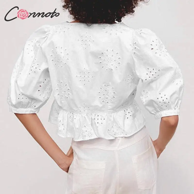 Conmoto Модные укороченные топы и блузки с вышивкой женские рубашки v образным