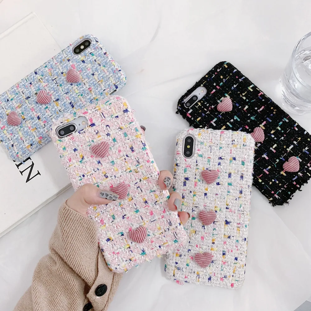 Fashion Woven Phone Case For iphone 6 6s 7plus 8 plus cover for X Xs max Xr love heart back pink/black/white capa |