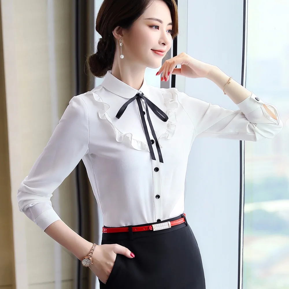 Женская офисная блузка с длинным рукавом темно-синяя белая розовая Повседневная