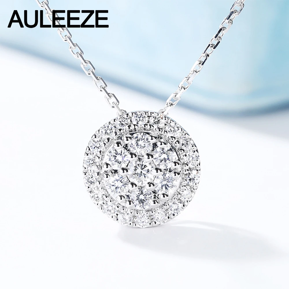 AULEEZE, 18 K, белое золото, настоящее бриллиантовое ожерелье, круг, сверкающая оправа, 0,47 CTTW, Бриллиантовая подвеска, Женская Цепочка-ключица
