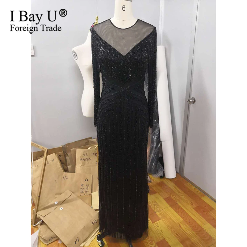 Gorgeous Black Beading Evening Dress 2020 Long Sleeve Mermaid Sliver Prom Gown Vestido De Festa