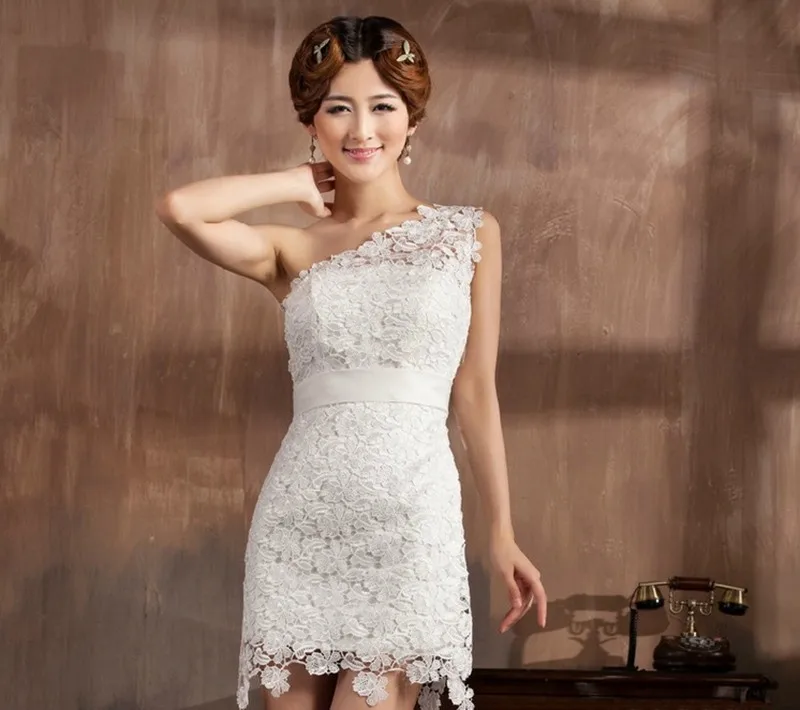

New Short Bridesmaid Dresses Elegant One Shoulder Red/White Bride Gown Lace Ball Prom Party Pageant Graduation Formal Dress