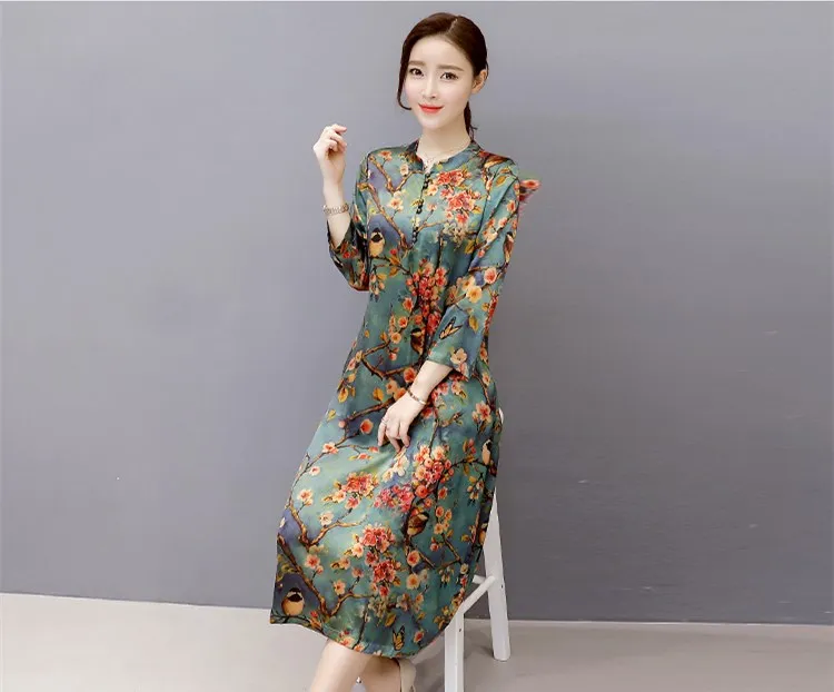 Женское шелковое платье с винтажным принтом Элегантное Длинное в этническом