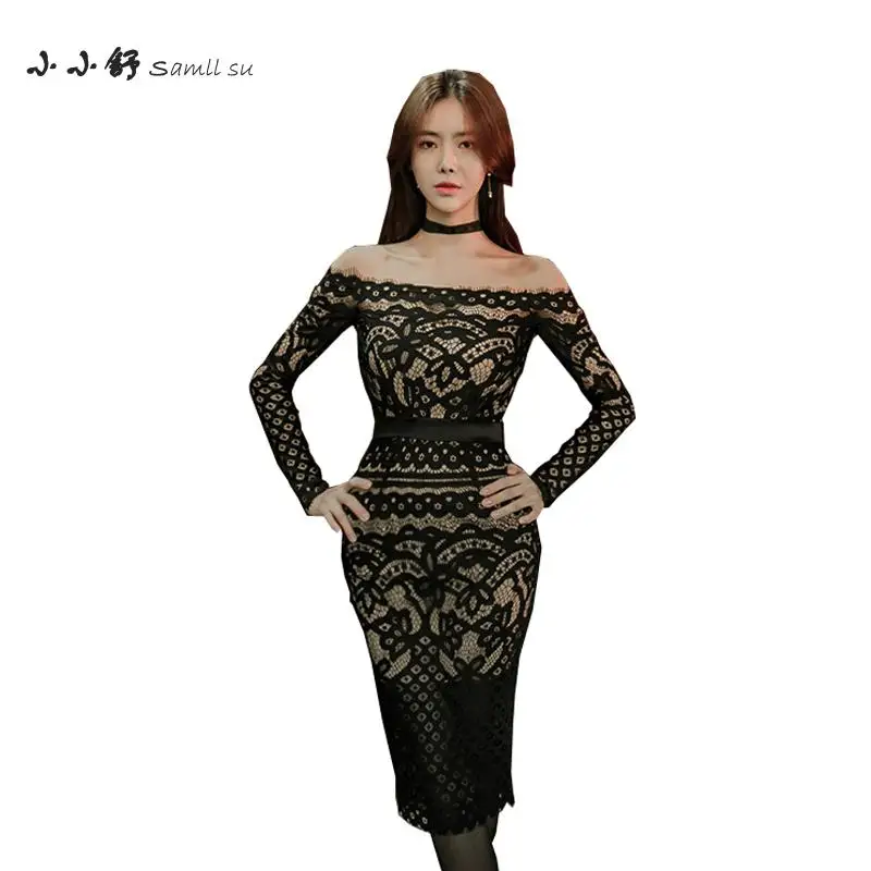 Женский кружевной сарафан с открытыми плечами Черное длинное Бандажное платье