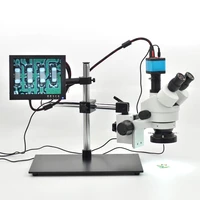 7x 45x trinocular stereo microscope 14mp microscope camera with table pillar stand 8 lcd monitor 144 led light for soldering