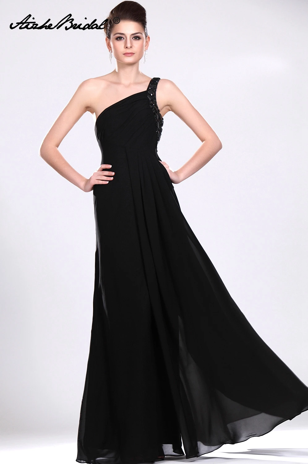 

Платье для свадебной вечеринки короткие платья для матери жениха великолепное ТРАПЕЦИЕВИДНОЕ Черное Шифоновое Платье на Одно Плечо для ма...